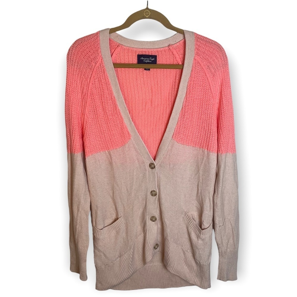 American Eagle Pink Color Block V-Neck Sweater - Picture 2 of 12